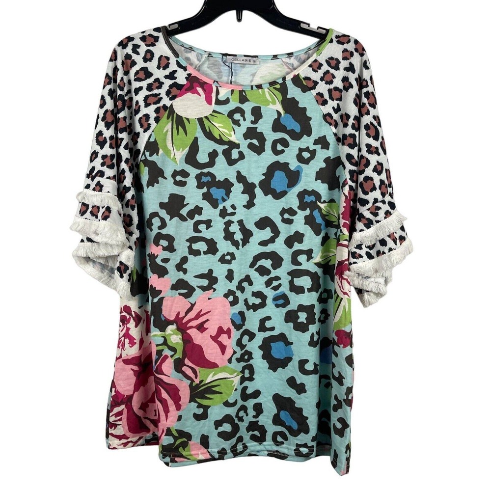 Cellabie Women Mixed Leopard Floral Print Fringe Ruffle Sleeve‎ Tunic Top Size M
